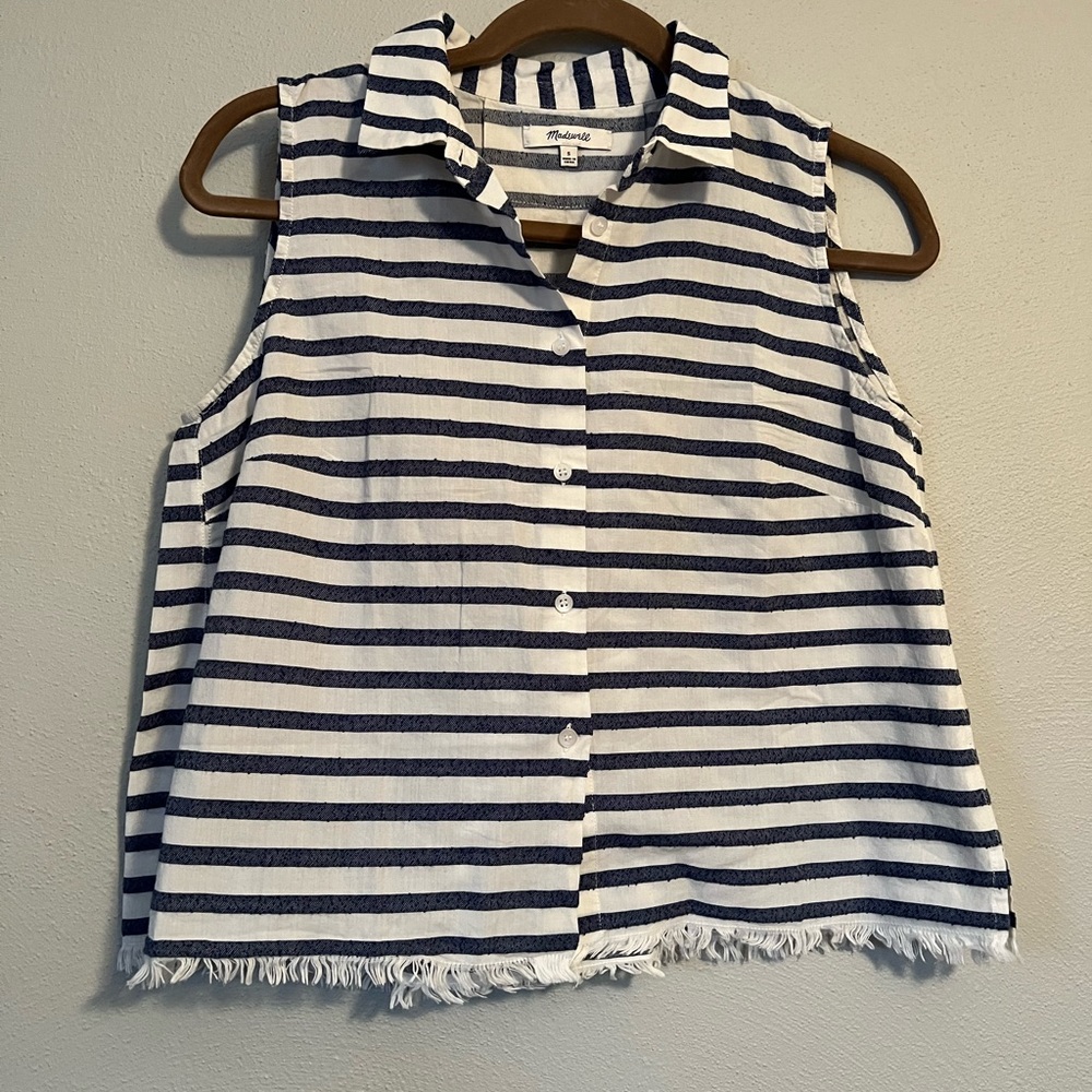 Madewell Stripped Crop Top Fringe Blue White Collared Button Down Tank Top